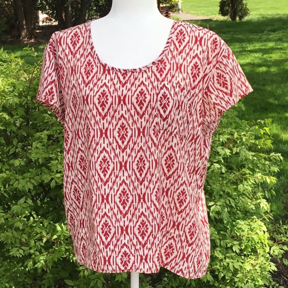 Boho Cap Sleeve Cranberry/Cream Abstract Retro Print Blouse Size L